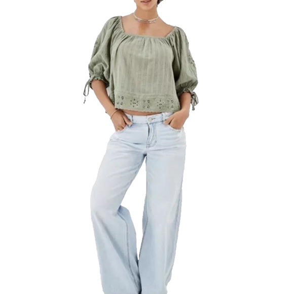 American Eagle Outfitters Tops - American Eagle Olive Green Eyelet Half Sleeve Puff-Sleeve Blouse Medium